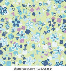 Seamless pattern. Casually drawn flowers. 
The background consists of squares and triangles.