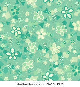 Seamless pattern. Casually drawn flowers. 
The background consists of squares and triangles.