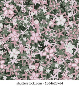 Seamless pattern. Casually drawn flowers. 
The background consists of five-rayed figures.