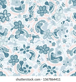 Seamless pattern. Casually drawn flowers. 
The background consists of curved smooth shapes.