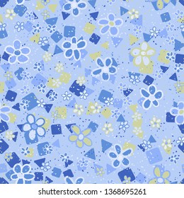 Seamless pattern. Casually drawn flowers. 
The background consists of squares and triangles.