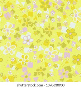 Seamless pattern. Casually drawn flowers. 
The background consists of squares and triangles.