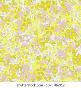Seamless pattern. Casually drawn flowers. 
The background consists of five-rayed figures.