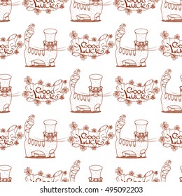 Seamless pattern with cat and banner of good luck.
