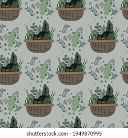 Seamless pattern with cat in the basket