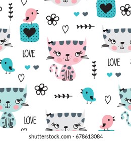 seamless pattern with cat and bird, bedding pattern for kids, vector textile fabric print, wrapping paper, cute cartoon cat background vector illustration