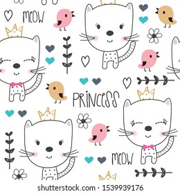 seamless pattern with cat and bird vector illustration, princess cat cartoon background