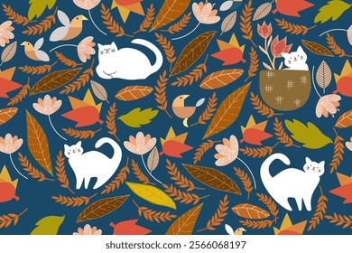 Seamless pattern cat and birds
