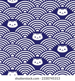 Seamless pattern cat blue white Japanese texture antiqe style oriental kitten