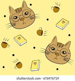 seamless pattern with cat, book and coffee cup, vector design