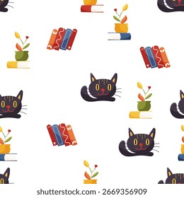 Padrão contínuo com gato e livros no branco