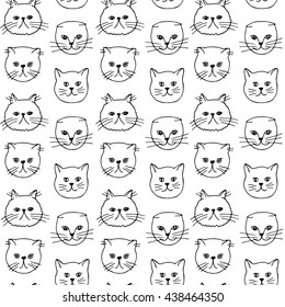 Seamless pattern, cat breeds illustration. British, scottish, persian, exotic cats.  Hand drawn vector black and white vector doodle, cartoon. Colouring page for adults and kids.