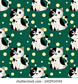 Seamless Pattern, Cat with bubbles on green background. vector