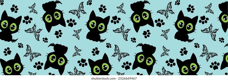 Seamless pattern with cat, butterflies and animal footprints on a blue background. Vector illustration.