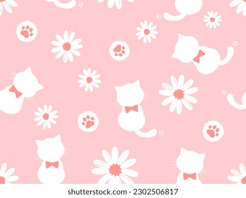 Seamless pattern with cat cartoon, paw prints and daisy flower on pink background vector illustration.