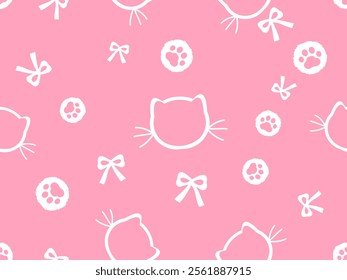 Seamless pattern with cat cartoon, paw print and ribbon bows on pink background vector.