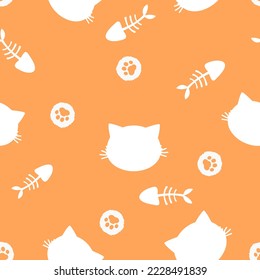 Patrón sin brillo con dibujos de gatos, huesos de peces y huellas de pata en la ilustración del vector de fondo anaranjado.