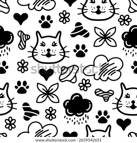 Seamless pattern with cat cartoons and heart, flower, clouds in doodle style on white background. vector illustration.