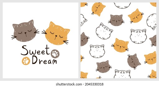 Seamless pattern with cat cartoons on white background. Cat face, paw prints and hand written font icons isolated on white background vector illustration.