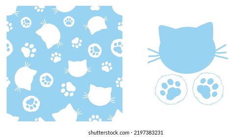 Seamless pattern with cat cartoons, paw prints on blue background vector illustration.