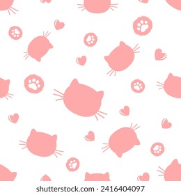 Seamless pattern with cat cartoons, paw print and pink hearts on white background vector illustration.