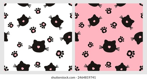 Seamless pattern with cat cartoons and paw print on white and pink background vector. 
