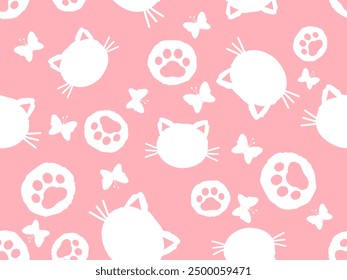Seamless pattern with cat cartoons, paw prints and butterfly on pink background vector.