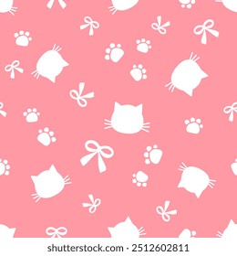 Seamless pattern with cat cartoons, paw prints and ribbon bow on pink background vector. 