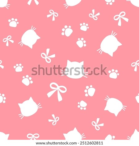 Seamless pattern with cat cartoons, paw prints and ribbon bow on pink background vector. 
