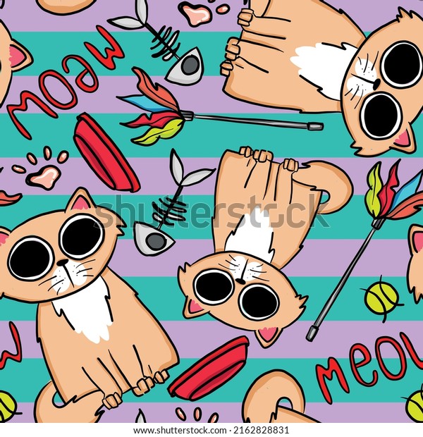 Seamless pattern with cat and cat\'s toy on\
stripes. Cartoon background for textile, kids, fabric, stationery,\
boy and girl and other\
designs.
