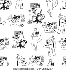 seamless pattern with cat character in vector. on business topic in doodle style. Template for wallpaper background wrapping postcard print