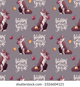 Seamless pattern with cat and christmas balls. New Year, Christmas celebration concept. Vector illustration.