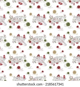 Patrón sin foco con un gato. Navidad y gato. Patrón con árbol de Navidad, garland, nieve, navidad. Un gato lindo y gracioso en un estilo plano. La caricatura se desvaneció.