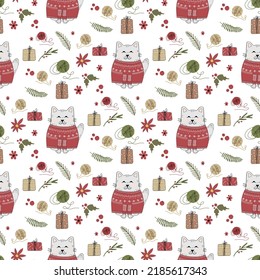 Seamless pattern with a cat. Christmas and cat. Pattern with Christmas tree, garland, snow, christmas. Cute, funny cat in a flat style. Cartoon fluffy.