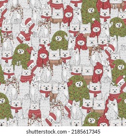 Seamless pattern with a cat. Christmas and cat. Pattern with Christmas tree, garland, snow, christmas. Cute, funny cat in a flat style. Cartoon fluffy.