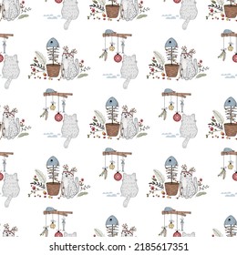 Seamless pattern with a cat. Christmas and cat. Pattern with Christmas tree, garland, snow, christmas. Cute, funny cat in a flat style. Cartoon fluffy.