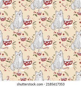Seamless pattern with a cat. Christmas and cat. Pattern with Christmas tree, garland, snow, christmas. Cute, funny cat in a flat style. Cartoon fluffy.