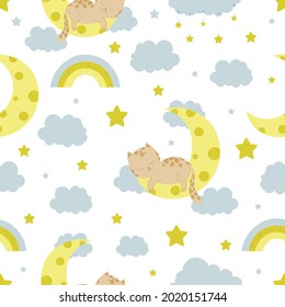 Seamless pattern with cat, clouds, moon and stars. Creative kids texture for fabric, wrapping, textile, wallpaper, apparel