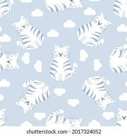Seamless pattern with cat and clouds on lilac background. Child backdrop. Kids baby concept. Vector fabric textile print. Wallpaper, wrapping, digital paper. T shirt design. Nursery linens template.