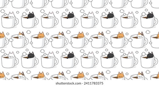 Seamless pattern Cat in coffee cup, icon symbol object element vector illustration collection of coffee cats Cafe concept. doodle gift wrap paper white tile background repeat wallpaper design.