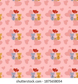 Seamless pattern with cat couple and hearts on Valentines day