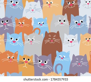 Seamless pattern cat. Cute pet colorful pattern background. Different muzzle of cats, funny, sad, sleepy. Vector illustration in Flat style.