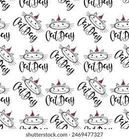 Seamless pattern for cat day holiday. Cat face sketch and calligraphy lettering. Black white Vector background for wallpaper, textile, wrapping paper, packaging. Cute funny linear cat character. 