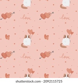 Seamless pattern with сute cat and hearts. Excellent design for packaging, wrapping paper, textile etc.