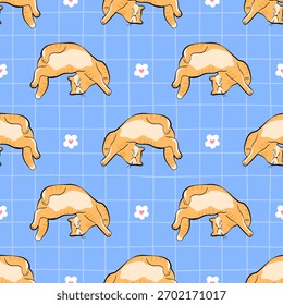 Padrão sem costura com gato em poses diferentes no fundo azul de gingham quadriculado. ideal para artigos de papelaria, tecido, embalagem e desenhos acolhedores com tema de animais de estimação.