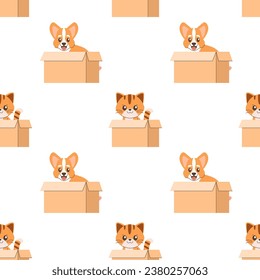 Seamless pattern of a cat and a dog in a box, adoption