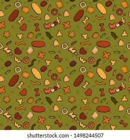 Seamless pattern of cat and dog dry food. Cartoon style, vector graphics