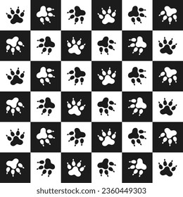 Seamless pattern, cat and dog footprints on a checkered background. Black and white simple design. Print, background, wallpaper, vector