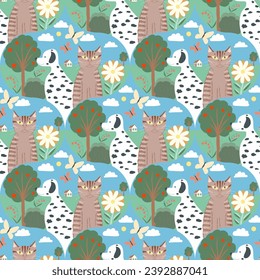 Seamless pattern cat and dog house outside the city. For veterinarians.