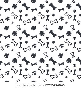 Seamless pattern cat, dog, paw footprint, and pet toy design background for wallpaper, wrapping, paper, and fabric. Vector illustration on isolated white background.